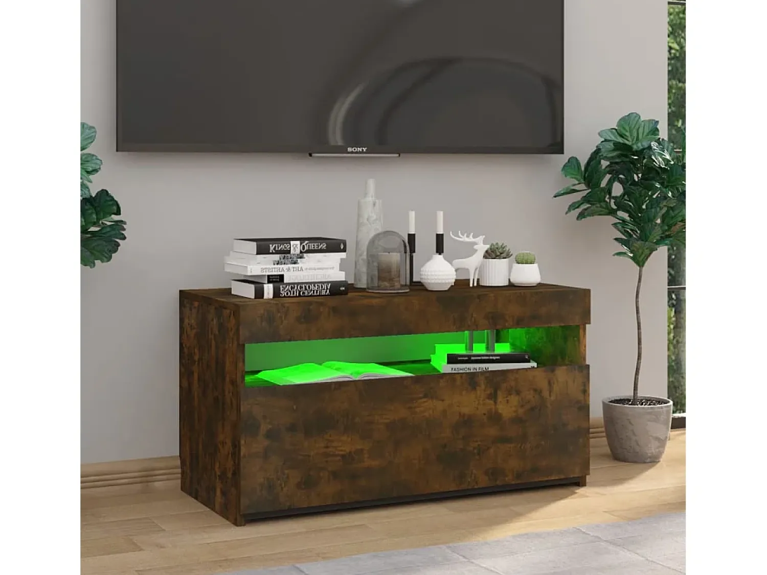 Móvel de TV com luzes LED 75x35x40 cm carvalho fumado PT699064^ Móvel De Tv