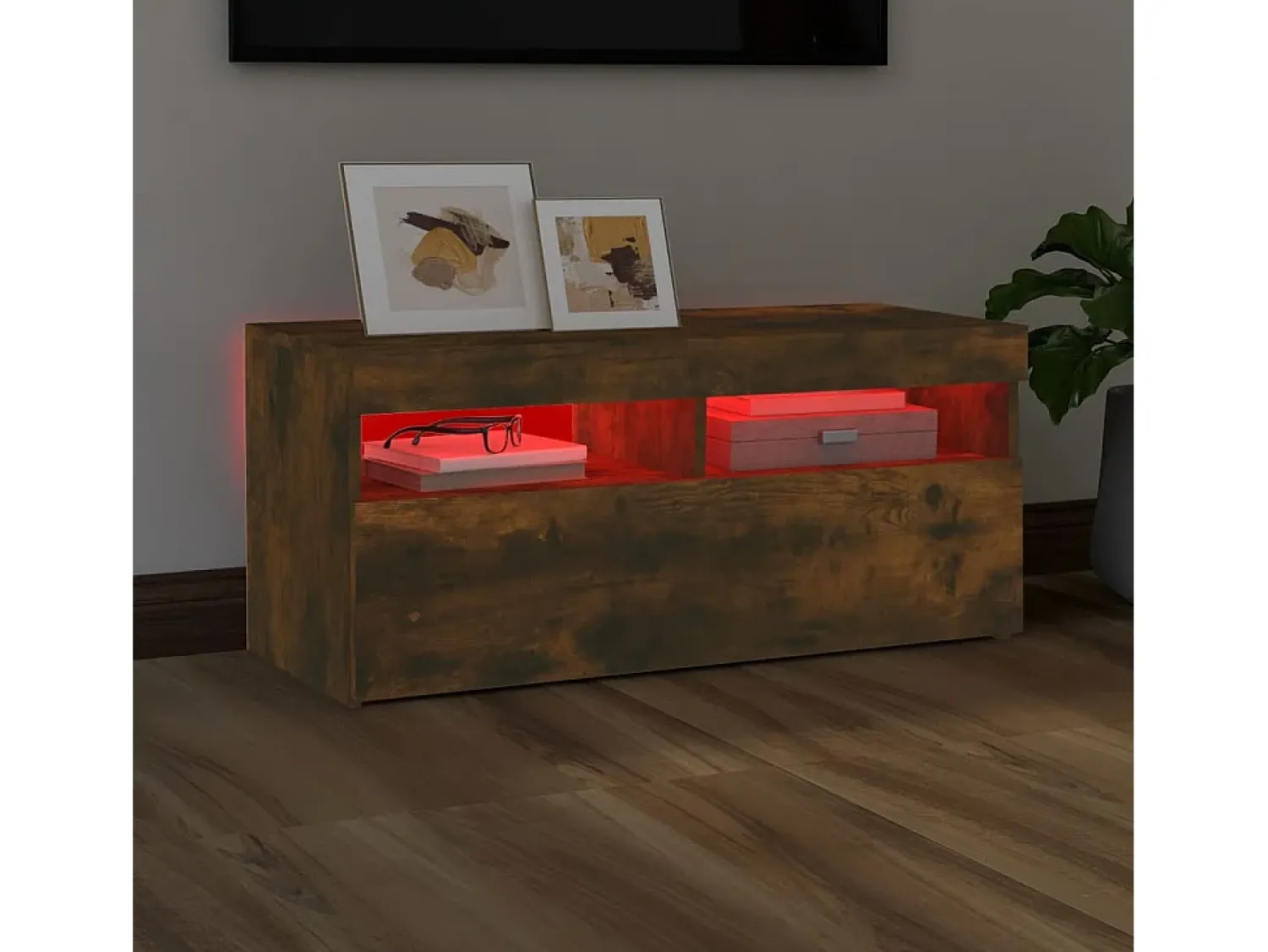Móvel De Tv| Móvel de TV com luzes LED 90x35x40 cm carvalho fumado PT321086 Castanho