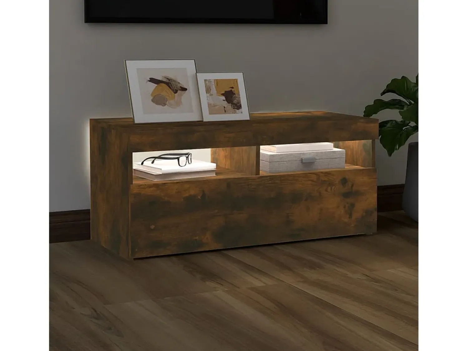 Móvel De Tv| Móvel de TV com luzes LED 90x35x40 cm carvalho fumado PT321086 Castanho