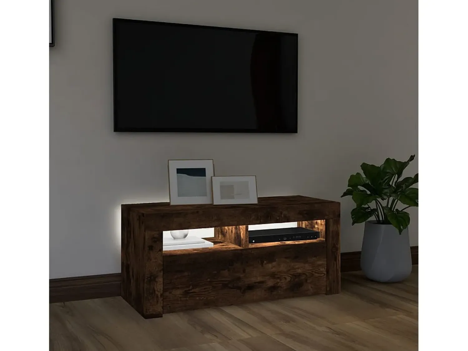 Móvel De Tv| Móvel de TV com luzes LED 90x35x40 cm carvalho fumado PT740084 Castanho