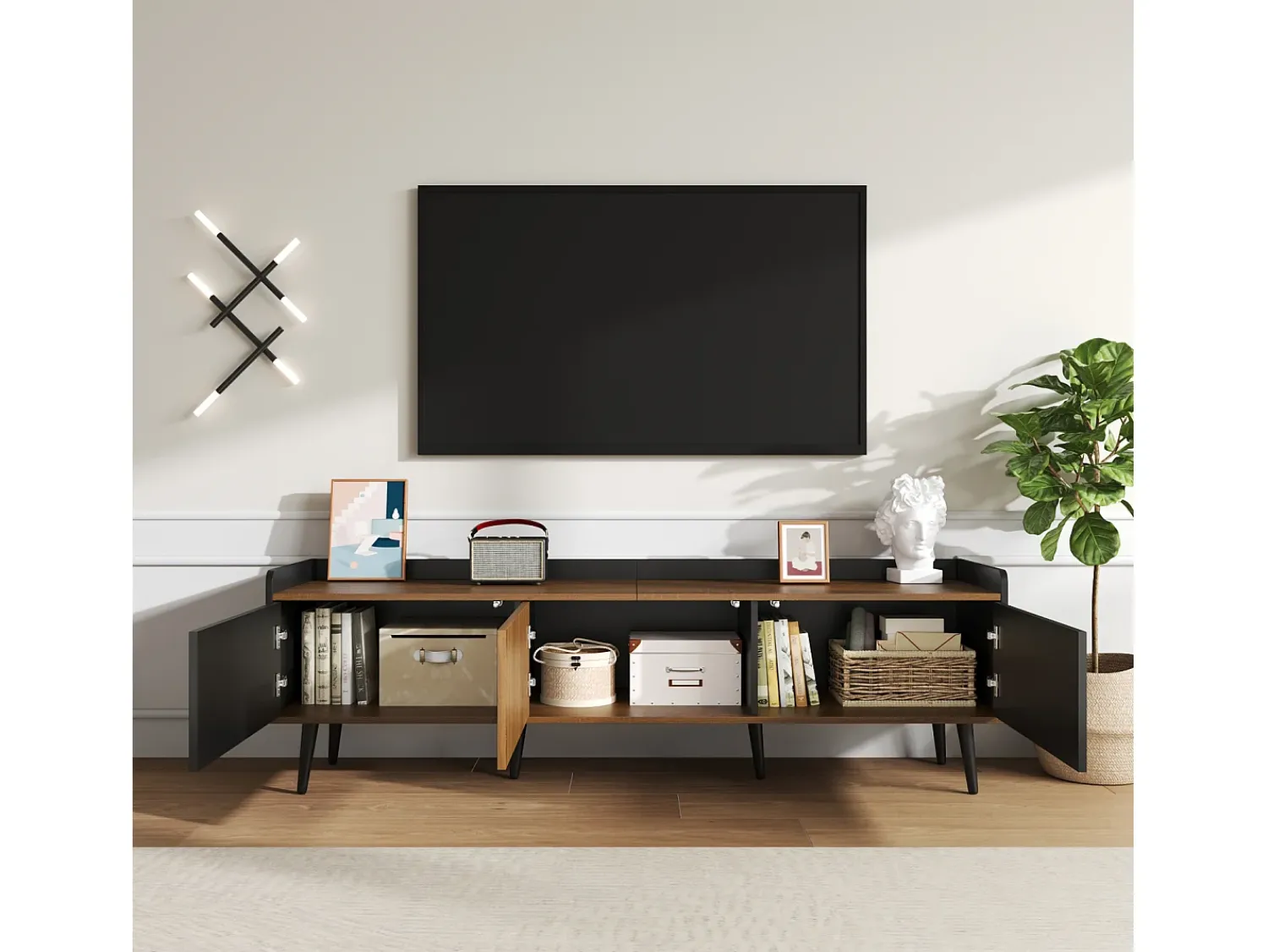 Móvel De Tv* Móvel de TV compacto com 3 portas. Acabamento em /madeira, 160 x 39 x 49,5 cm. Móvel de base prático para suas mídias. Preto