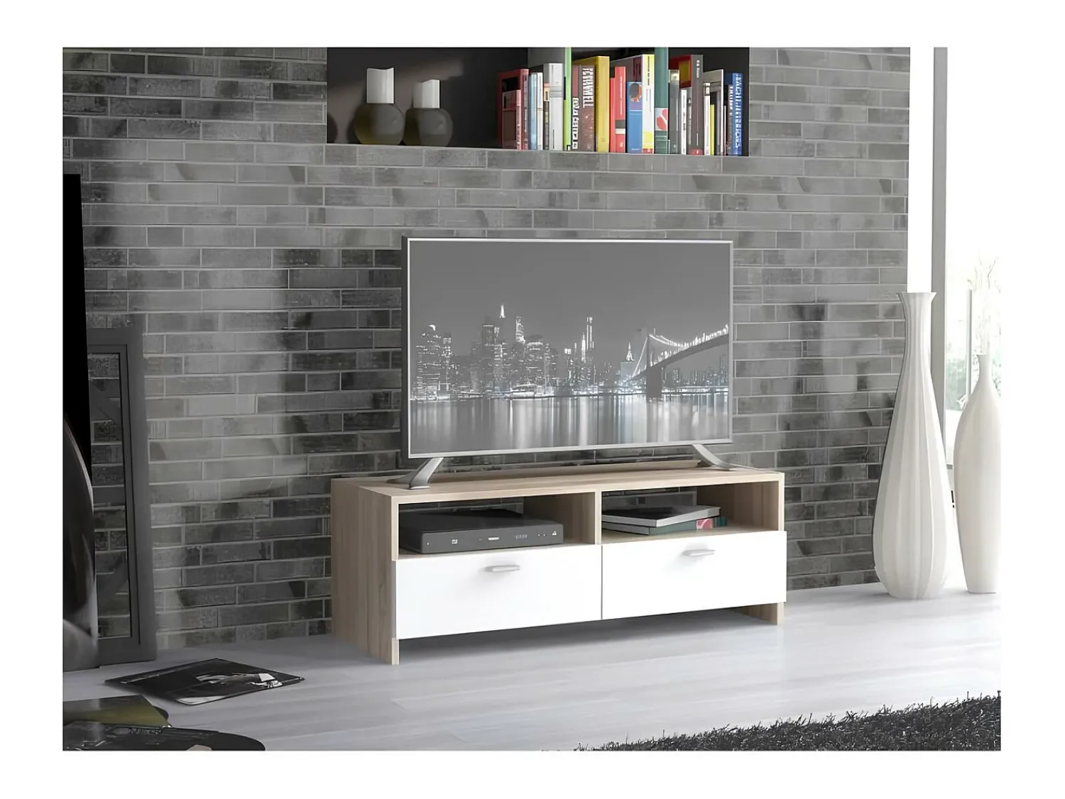 Best DKD Home decor Móvel de TV contemporâneo fosco e carvalho, armazenamento inteligente, 95 cm Branco