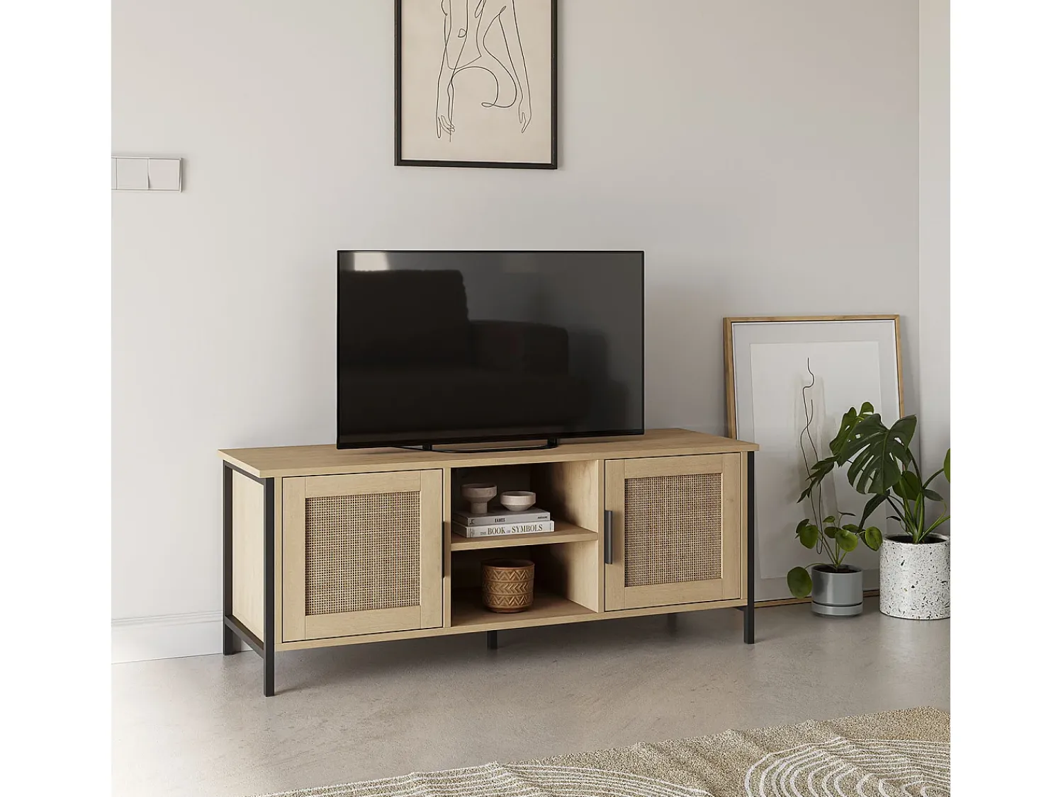Discount VS Venta-stock Móvel de TV Cruz 2 Portas Cor Carvalho com vime Natural, 120 cm Castanho