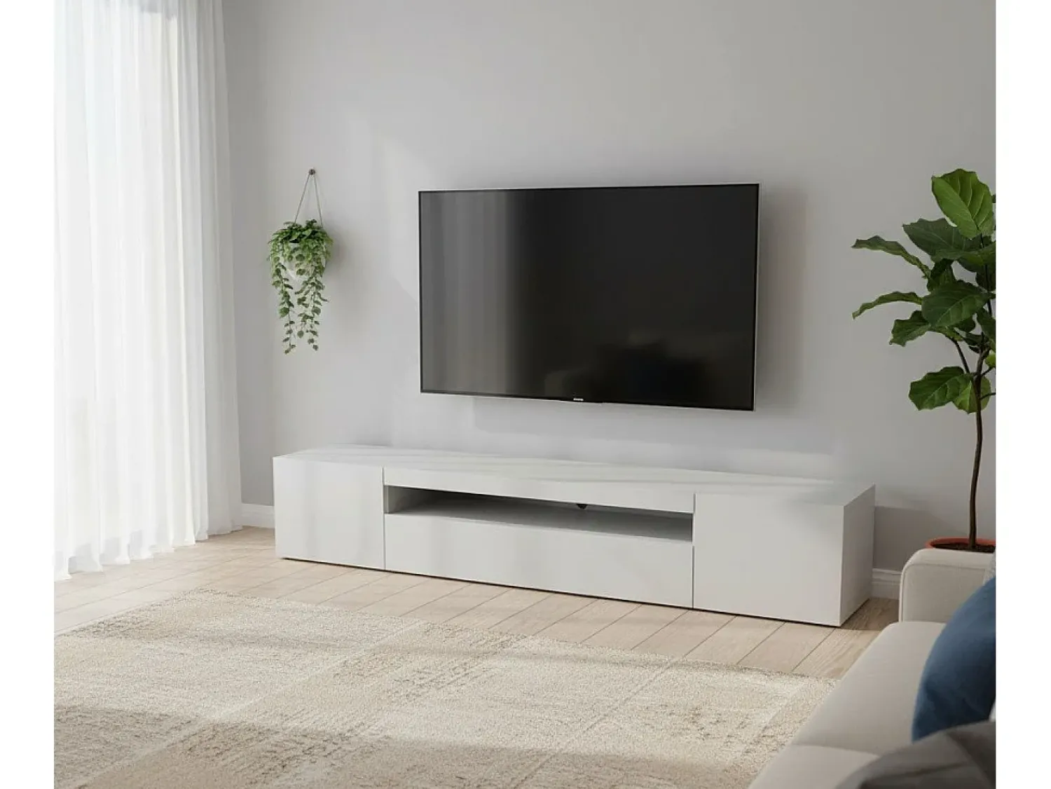 Discount Dmora Móvel de TV Dafrim, Aparador baixo de sala com 3 portas, base de móvel de TV, 100% Fabricado na Itália, 200x40h37 cm, brilhante Branco