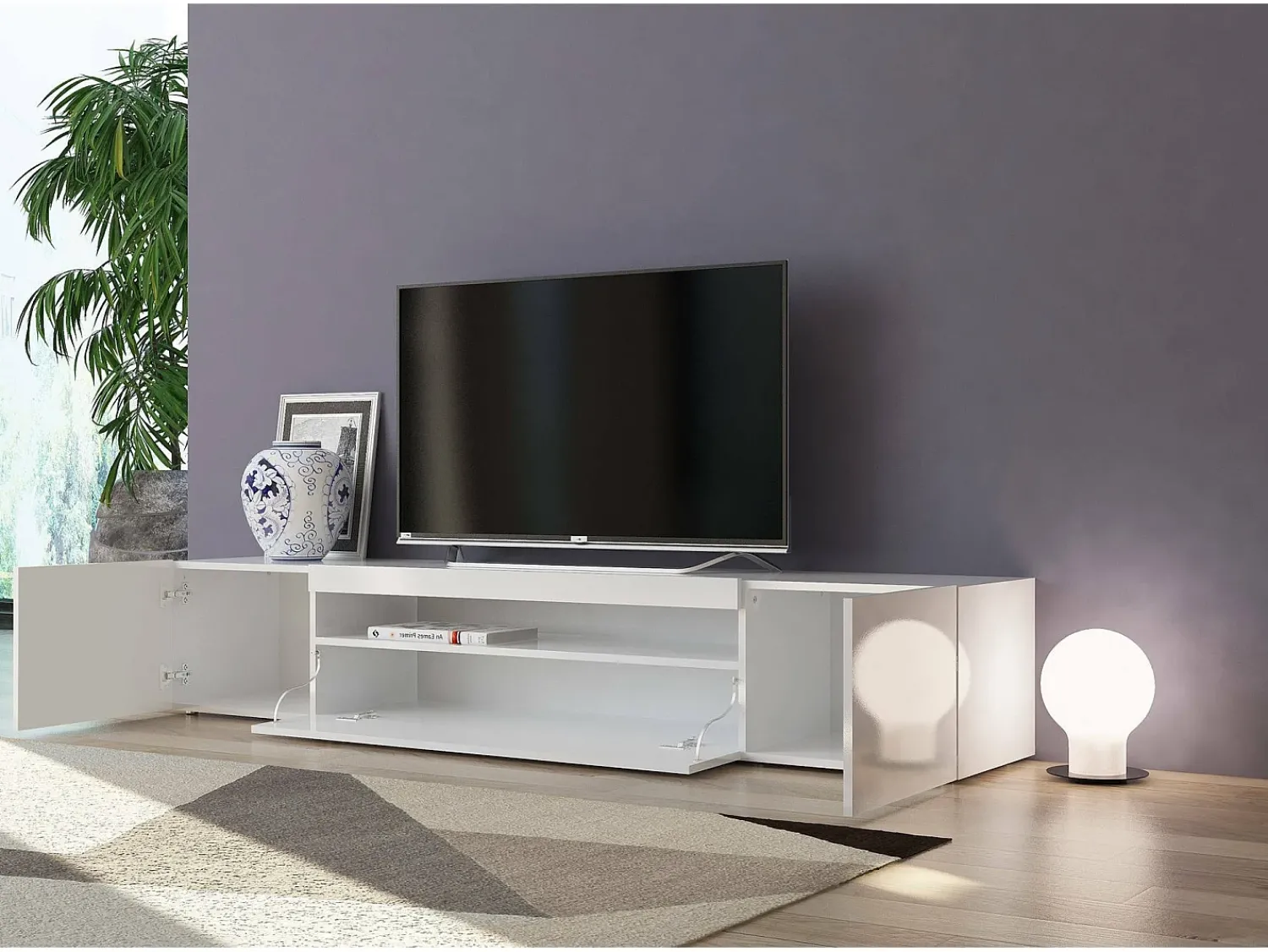Discount Dmora Móvel de TV Dafrim, Aparador baixo de sala com 3 portas, base de móvel de TV, 100% Fabricado na Itália, 200x40h37 cm, brilhante Branco