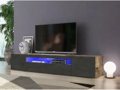 Dmora Móvel de TV Dafrim, Aparador baixo de sala com 3 portas, base de móvel de TV, 100% Fabricado em Itália, 200x40h37 cm, Bordo e Ardósia, com luz LED^ Móvel De Tv