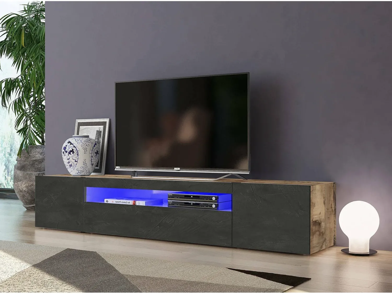 Dmora Móvel de TV Dafrim, Aparador baixo de sala com 3 portas, base de móvel de TV, 100% Fabricado em Itália, 200x40h37 cm, Bordo e Ardósia, com luz LED^ Móvel De Tv