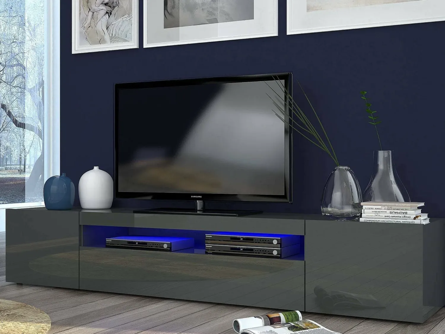 Dmora Móvel de TV Dafrim, Aparador baixo de sala com 3 portas, base de móvel de TV, 100% Fabricado em Itália, 200x40h37 cm, Antracite brilhante, com luz LED^ Móvel De Tv