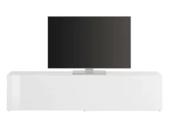 Outlet Dmora Móvel de TV Dbarell, aparador baixo da sala, base de móvel de TV, 100% Fabricado na Itália, 180x30h40 cm, brilhante Branco