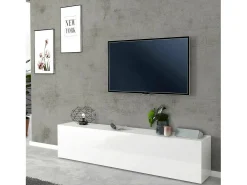 Outlet Dmora Móvel de TV Dbarell, aparador baixo da sala, base de móvel de TV, 100% Fabricado na Itália, 180x30h40 cm, brilhante Branco