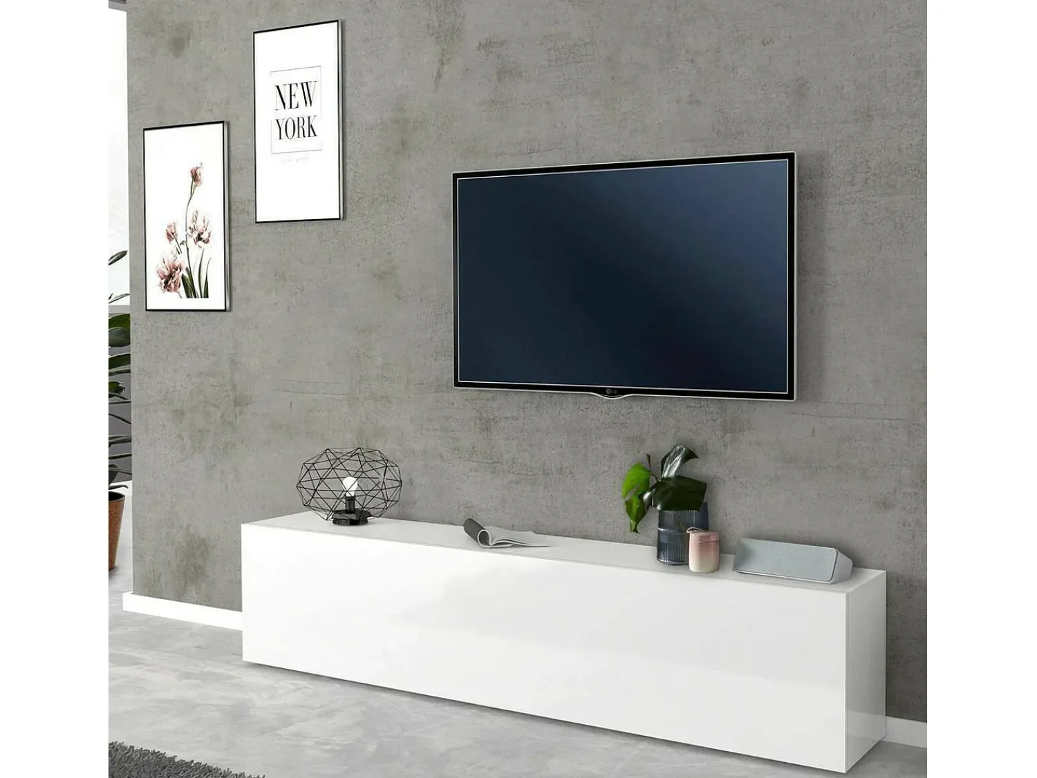 Outlet Dmora Móvel de TV Dbarell, aparador baixo da sala, base de móvel de TV, 100% Fabricado na Itália, 180x30h40 cm, brilhante Branco