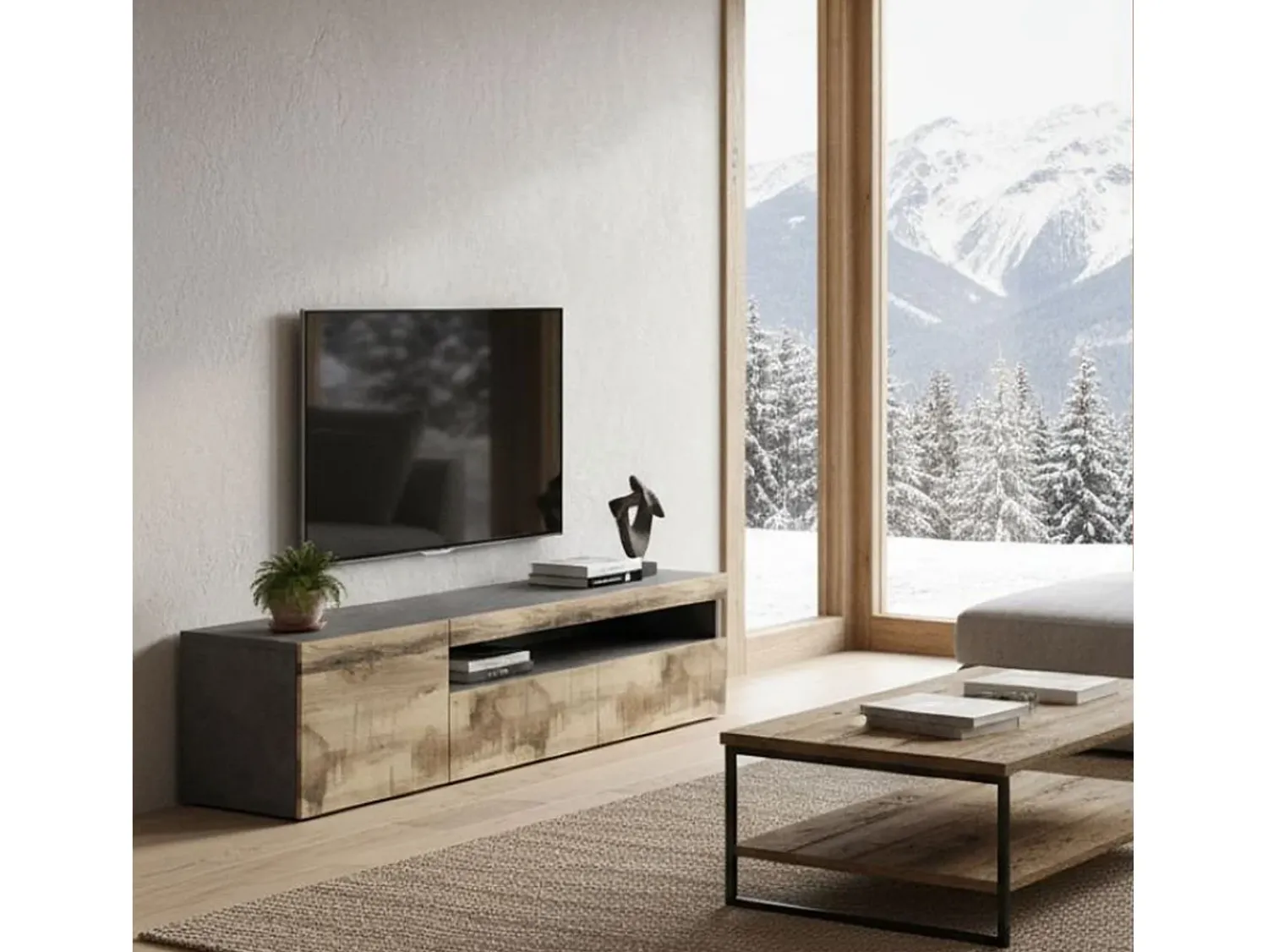 New Dmora Móvel de TV Dbele, aparador baixo da sala, base de móvel de TV, 100% Fabricado na Itália, 150x40h37 cm, Ardósia e Bordo Castanho