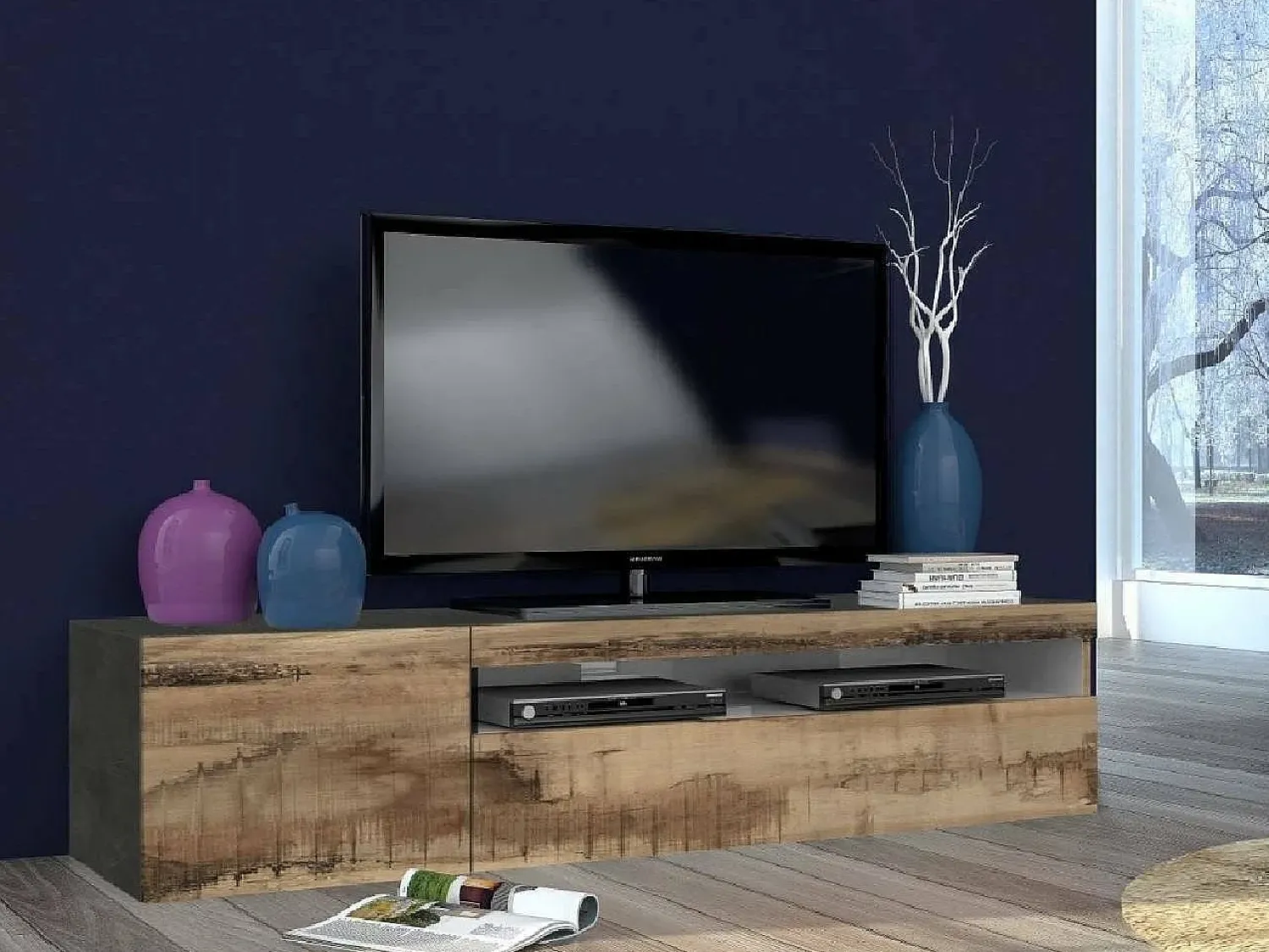 New Dmora Móvel de TV Dbele, aparador baixo da sala, base de móvel de TV, 100% Fabricado na Itália, 150x40h37 cm, Ardósia e Bordo Castanho