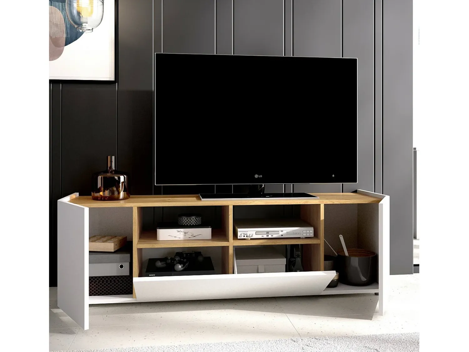 Móvel De Tv|Dmora Móvel de TV Dcotal, Aparador baixo da sala, Aparador da sala para televisão, 142x35h44 cm, e Carvalho Nó Branco