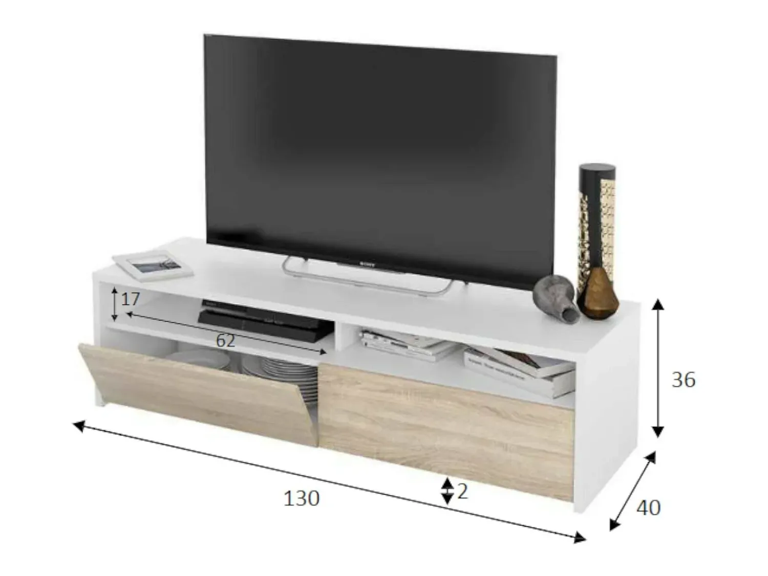 Móvel De Tv|Dmora Móvel de TV Ddacunh, Aparador de televisão da sala com 2 portas, móvel de TV, Buffet moderno de sala baixa, 130x40h36 cm, brilhante Branco