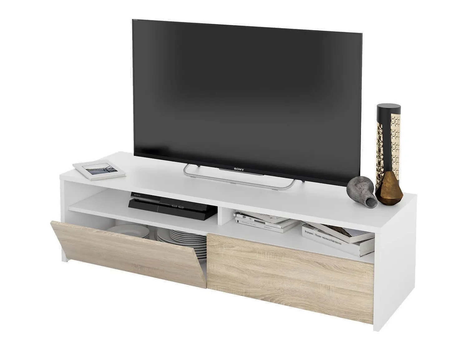 Móvel De Tv|Dmora Móvel de TV Ddacunh, Aparador de televisão da sala com 2 portas, móvel de TV, Buffet moderno de sala baixa, 130x40h36 cm, brilhante Branco