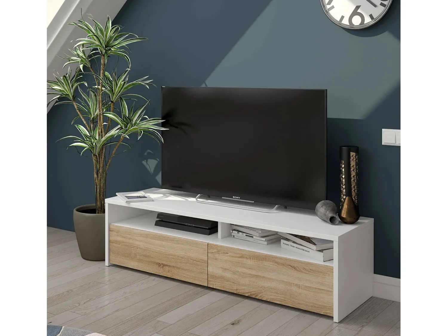 Móvel De Tv|Dmora Móvel de TV Ddacunh, Aparador de televisão da sala com 2 portas, móvel de TV, Buffet moderno de sala baixa, 130x40h36 cm, brilhante Branco