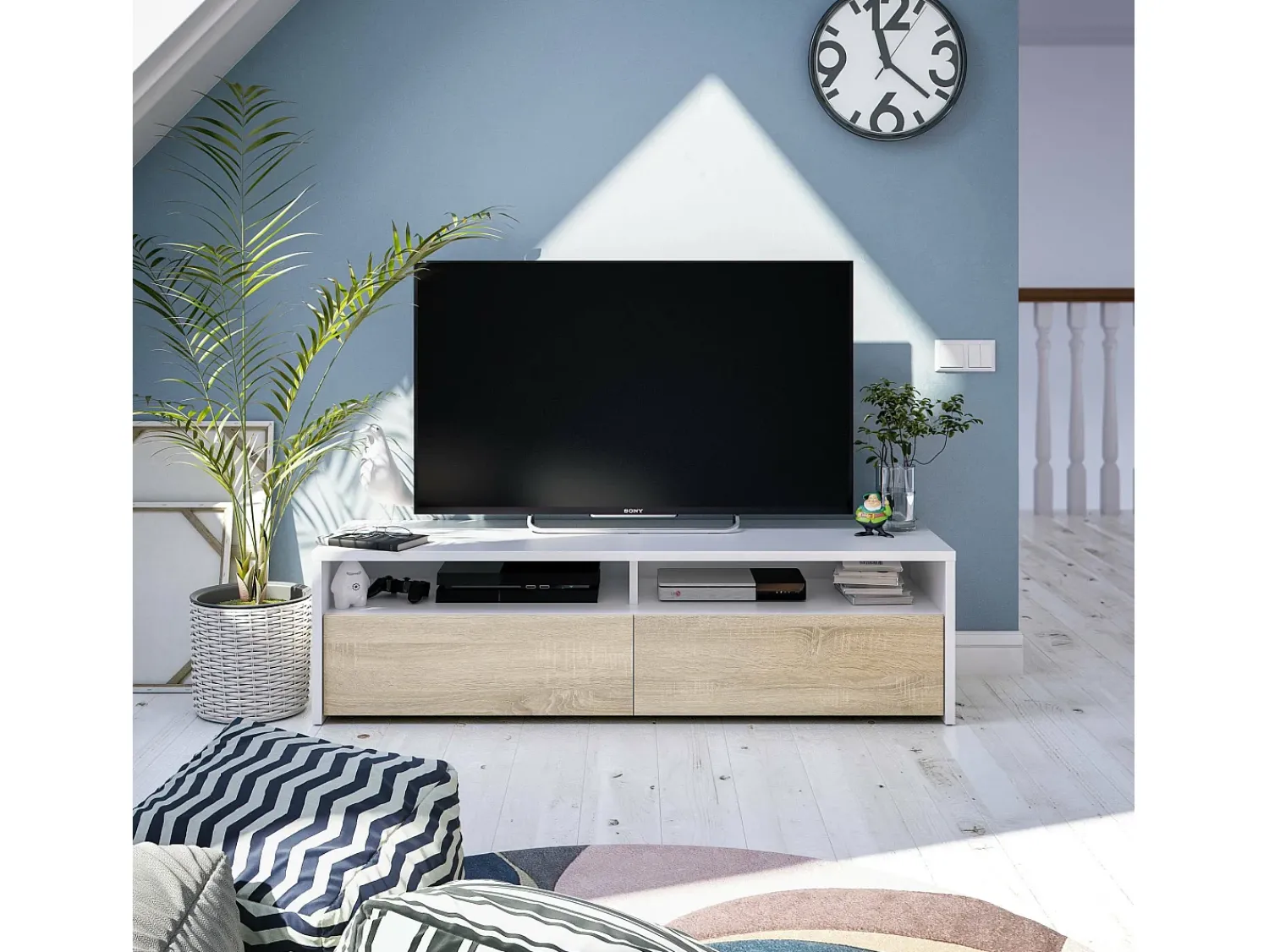 Móvel De Tv|Dmora Móvel de TV Ddacunh, Aparador de televisão da sala com 2 portas, móvel de TV, Buffet moderno de sala baixa, 130x40h36 cm, brilhante Branco