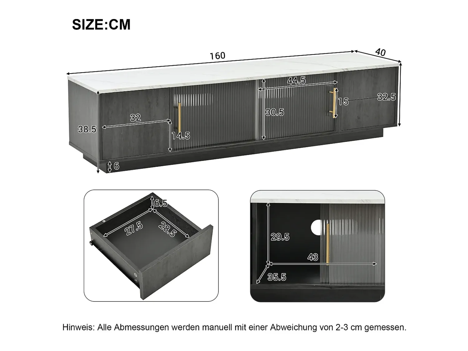 Móvel De Tv*ModernLuxe Móvel de TV de 160 cm - adequado para TV de 70" com amplo espaço de arrumação e tampo com efeito mármore - Cinzento