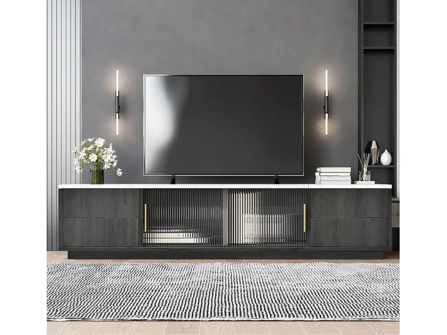 Móvel De Tv*ModernLuxe Móvel de TV de 160 cm - adequado para TV de 70" com amplo espaço de arrumação e tampo com efeito mármore - Cinzento