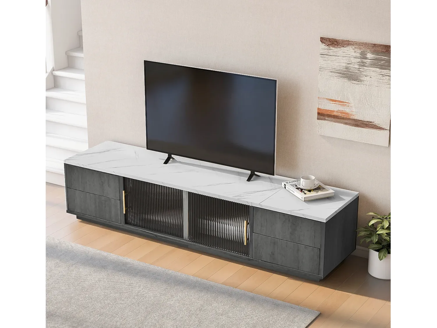 Móvel De Tv*ModernLuxe Móvel de TV de 160 cm - adequado para TV de 70" com amplo espaço de arrumação e tampo com efeito mármore - Cinzento