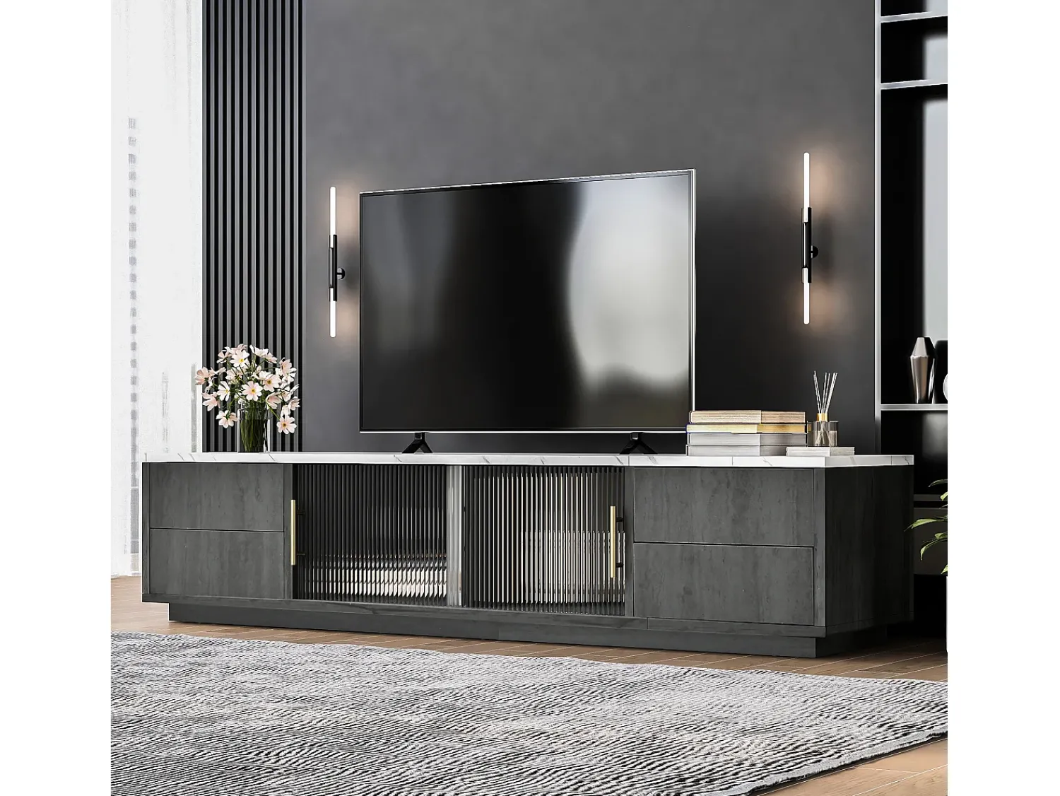 Móvel De Tv*ModernLuxe Móvel de TV de 160 cm - adequado para TV de 70" com amplo espaço de arrumação e tampo com efeito mármore - Cinzento