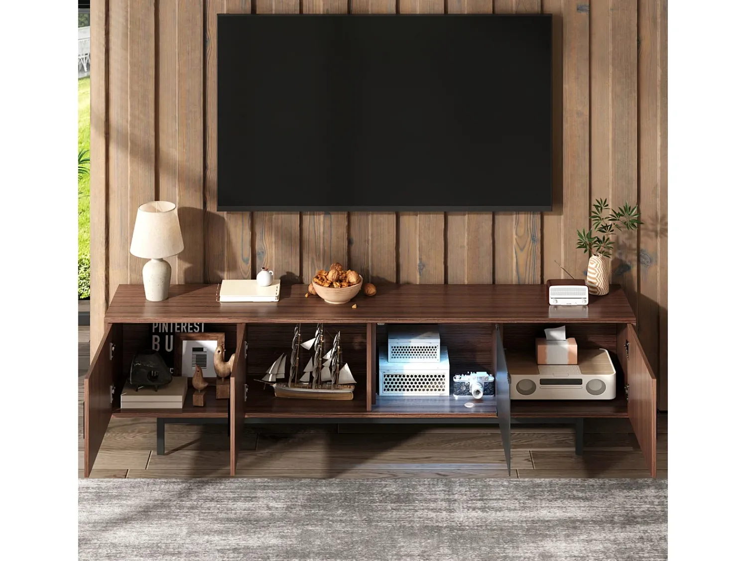 Móvel de TV de 200 cm, Banco de TV moderno com LED, 3 portas listradas e 1 porta de vidro, Suporte de metal^ Móvel De Tv