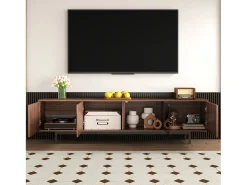 Móvel de TV de 200 cm, Banco de TV moderno com LED, 3 portas listradas e 1 porta de vidro, Suporte de metal^ Móvel De Tv