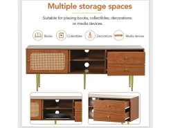 Móvel De Tv|Merax Móvel de TV de 160 cm com 2 gavetas 2 portas de correr - Padrão Rattan - Madeira MDF e metal - Cor nogueira Castanho