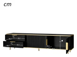 Móvel de TV de 175 cm, com 2 gavetas, 2 portas, pernas e puxadores em metal dourado, padrões esculpidos, estilo escandinavo, mobiliário de sala em madeira - Preto