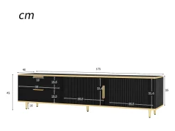 Móvel de TV de 175 cm, com 2 gavetas, 2 portas, pernas e puxadores em metal dourado, padrões esculpidos, estilo escandinavo, mobiliário de sala em madeira - Preto