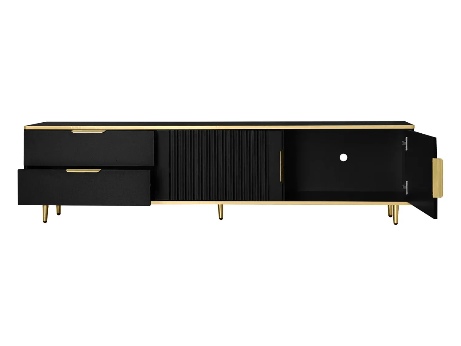 Móvel de TV de 175 cm, com 2 gavetas, 2 portas, pernas e puxadores em metal dourado, padrões esculpidos, estilo escandinavo, mobiliário de sala em madeira - Preto