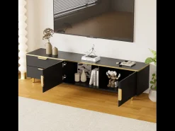 Móvel de TV de 175 cm, com 2 gavetas, 2 portas, pernas e puxadores em metal dourado, padrões esculpidos, estilo escandinavo, mobiliário de sala em madeira - Preto