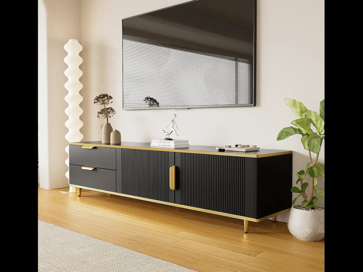 Móvel de TV de 175 cm, com 2 gavetas, 2 portas, pernas e puxadores em metal dourado, padrões esculpidos, estilo escandinavo, mobiliário de sala em madeira - Preto