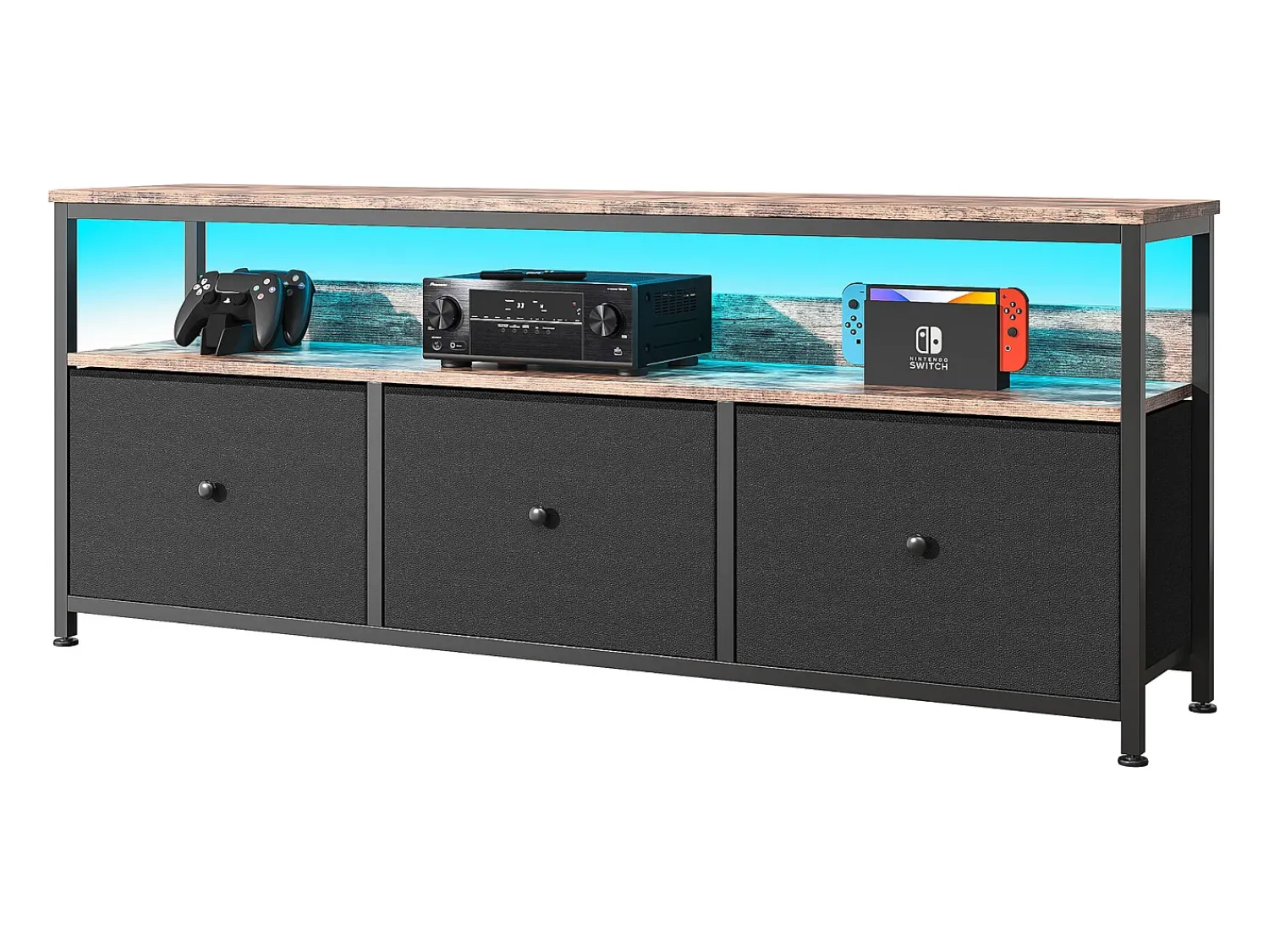 Móvel de TV de 108 cm, com 3 gavetas de arrumação, prateleiras, estrutura metálica, retangular, industrial vintage, mobiliário de sala em madeira -^ Móvel De Tv