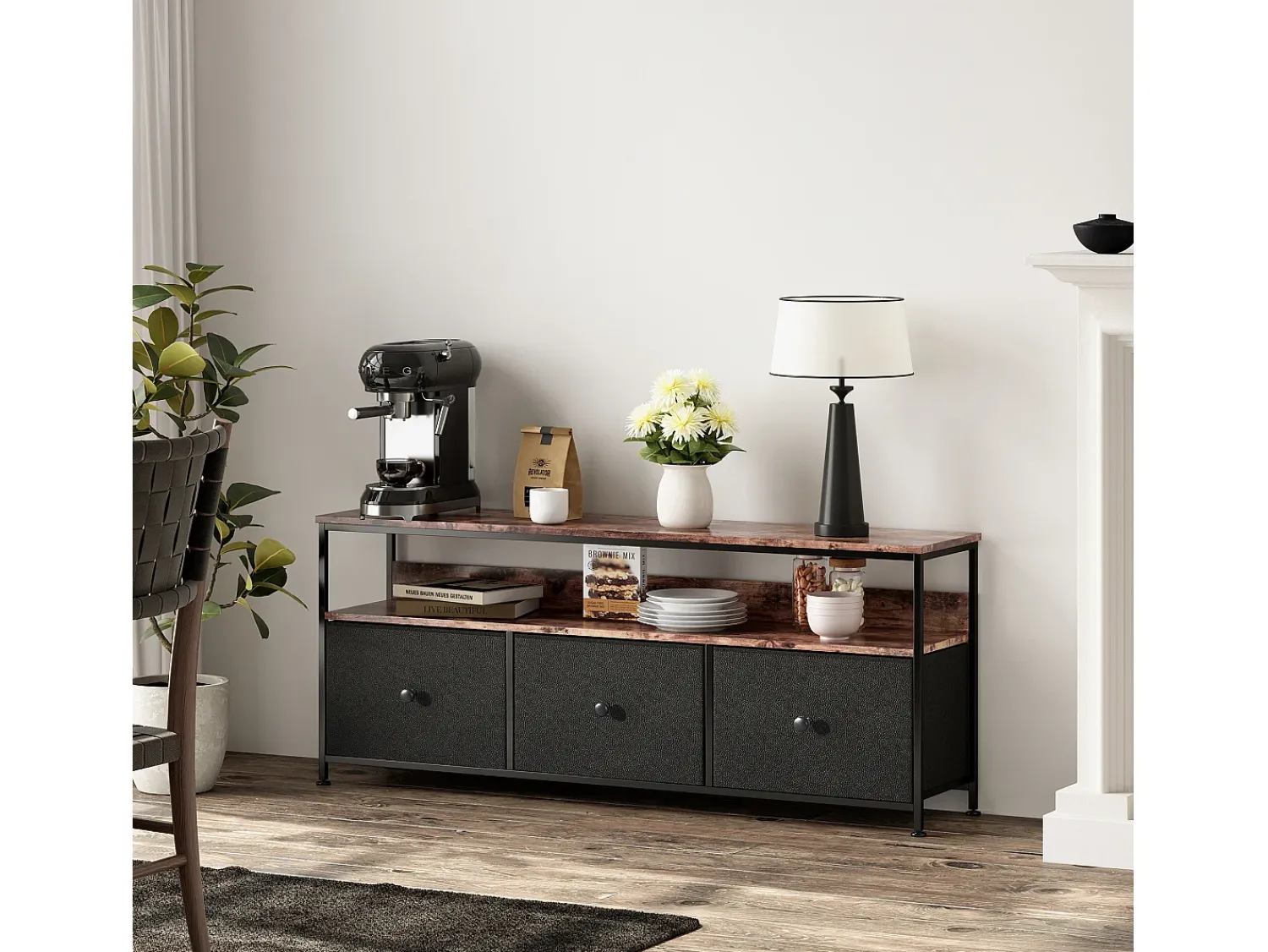 Móvel de TV de 108 cm, com 3 gavetas de arrumação, prateleiras, estrutura metálica, retangular, industrial vintage, mobiliário de sala em madeira -^ Móvel De Tv