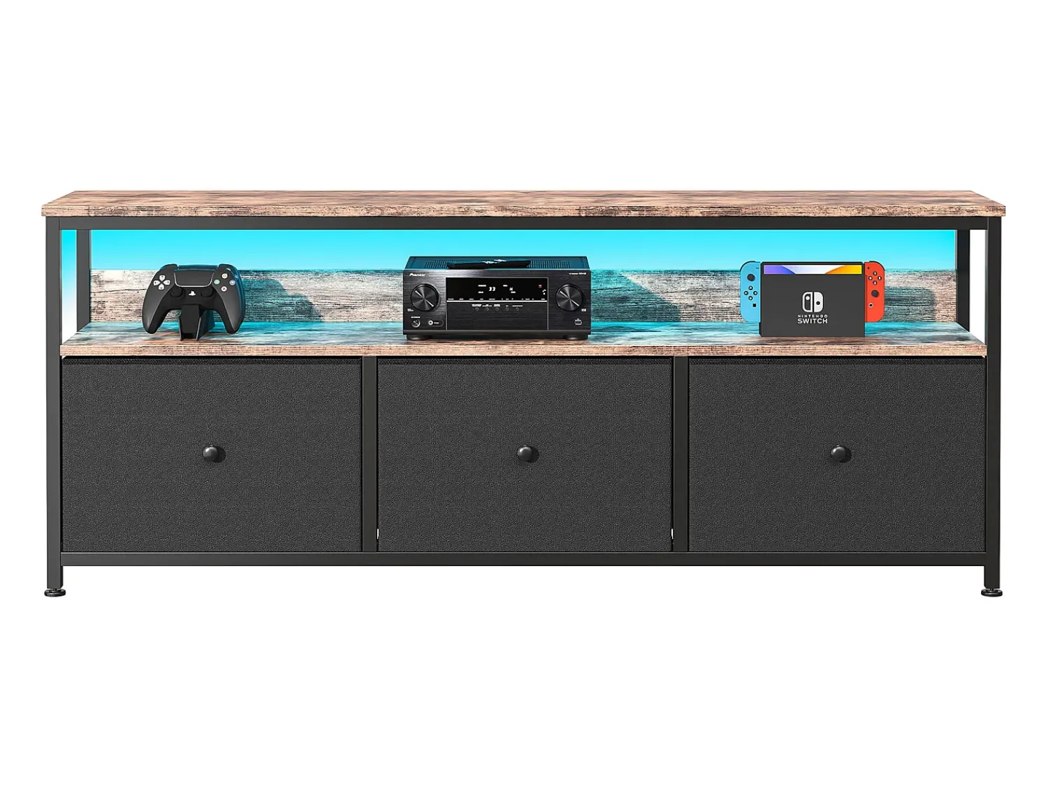 Móvel de TV de 108 cm, com 3 gavetas de arrumação, prateleiras, estrutura metálica, retangular, industrial vintage, mobiliário de sala em madeira -^ Móvel De Tv