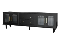 Móvel De Tv| Móvel de TV de 175 cm, com 4 portas de vime, 2 gavetas, pés de metal, puxador de metal, estilo escandinavo, mobiliário de sala - Preto