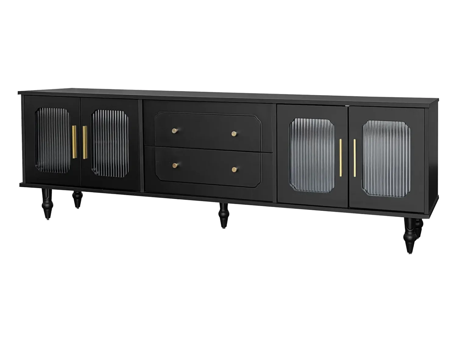 Móvel De Tv| Móvel de TV de 175 cm, com 4 portas de vime, 2 gavetas, pés de metal, puxador de metal, estilo escandinavo, mobiliário de sala - Preto