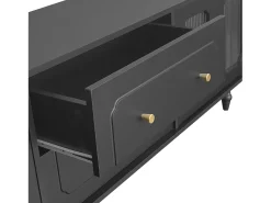 Móvel De Tv| Móvel de TV de 175 cm, com 4 portas de vime, 2 gavetas, pés de metal, puxador de metal, estilo escandinavo, mobiliário de sala - Preto