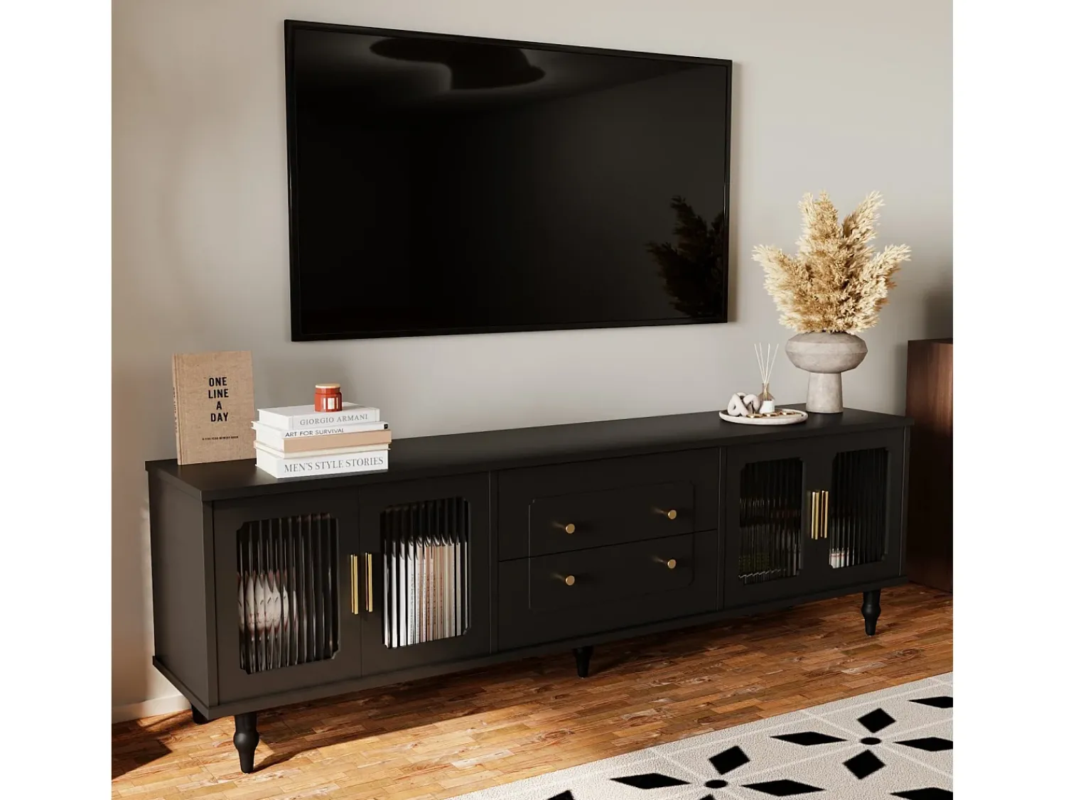 Móvel De Tv| Móvel de TV de 175 cm, com 4 portas de vime, 2 gavetas, pés de metal, puxador de metal, estilo escandinavo, mobiliário de sala - Preto
