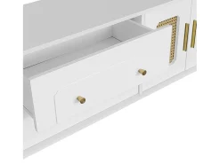 Discount Móvel de TV de 175 cm, com 4 portas de vime, 2 gavetas, pés de metal, puxador de metal, estilo escandinavo, mobiliário de sala - Branco