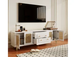 Discount Móvel de TV de 175 cm, com 4 portas de vime, 2 gavetas, pés de metal, puxador de metal, estilo escandinavo, mobiliário de sala - Branco