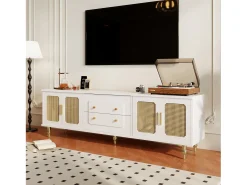 Discount Móvel de TV de 175 cm, com 4 portas de vime, 2 gavetas, pés de metal, puxador de metal, estilo escandinavo, mobiliário de sala - Branco