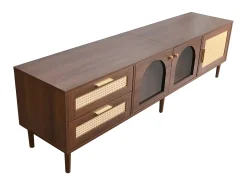 Online ModernLuxe Móvel de TV de 180 cm com iluminação LED - 2 gavetas em rattan e 3 portas - Castanho