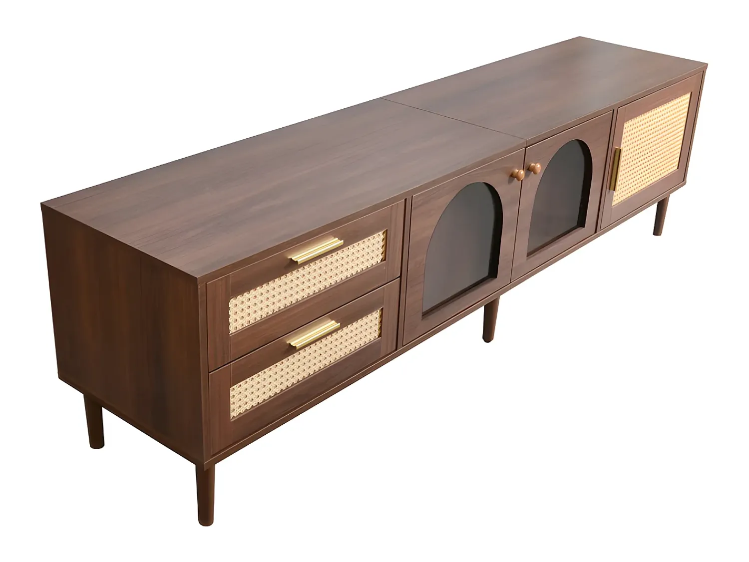 Online ModernLuxe Móvel de TV de 180 cm com iluminação LED - 2 gavetas em rattan e 3 portas - Castanho