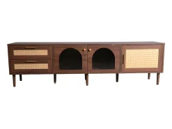 Online ModernLuxe Móvel de TV de 180 cm com iluminação LED - 2 gavetas em rattan e 3 portas - Castanho