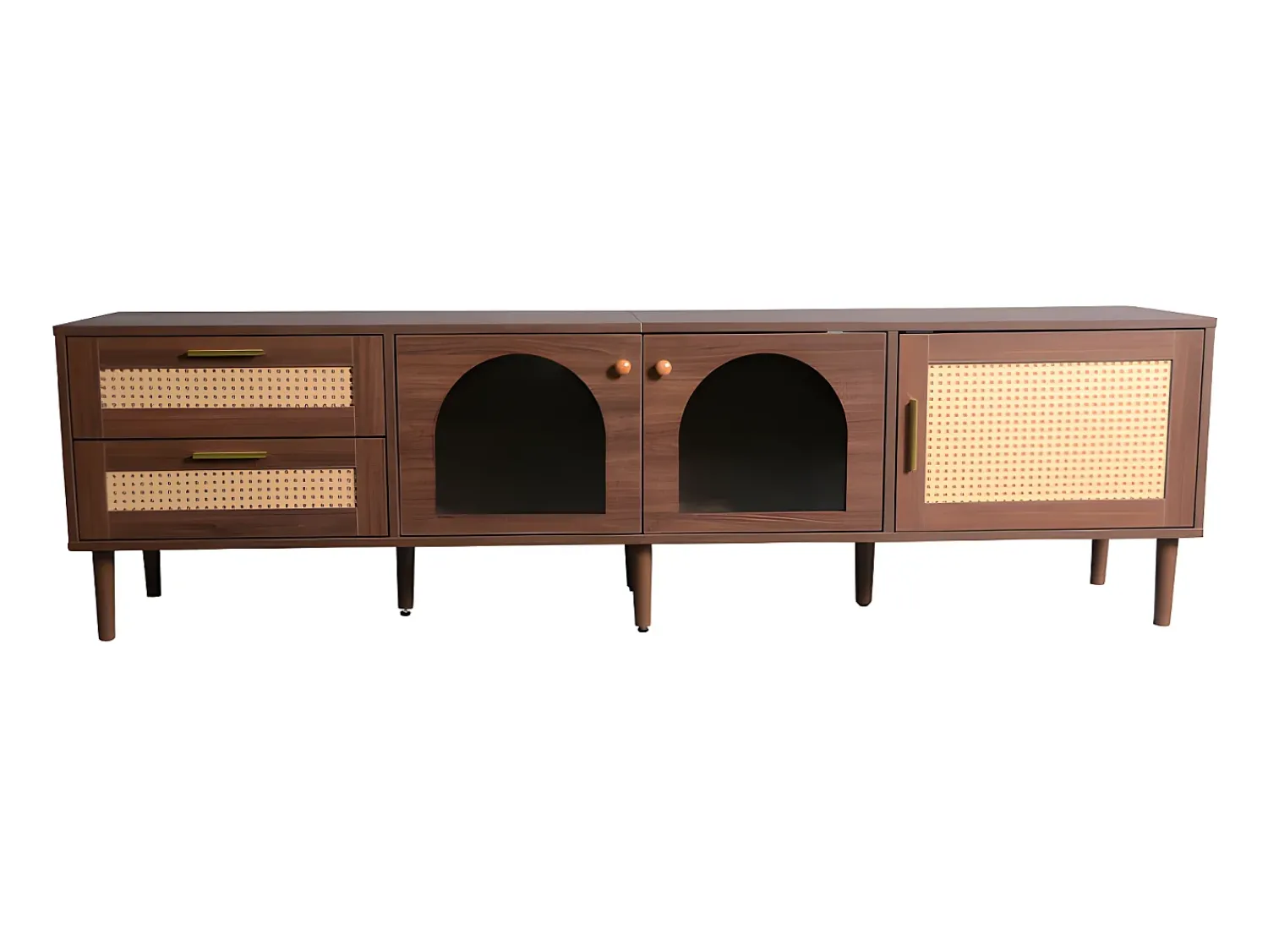 Online ModernLuxe Móvel de TV de 180 cm com iluminação LED - 2 gavetas em rattan e 3 portas - Castanho