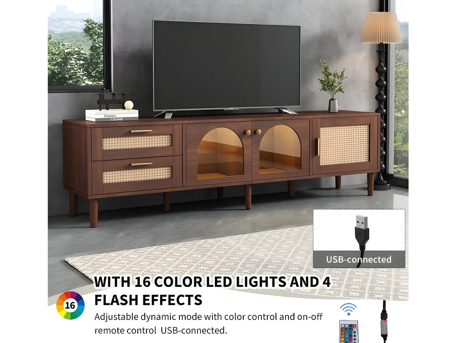 Online ModernLuxe Móvel de TV de 180 cm com iluminação LED - 2 gavetas em rattan e 3 portas - Castanho