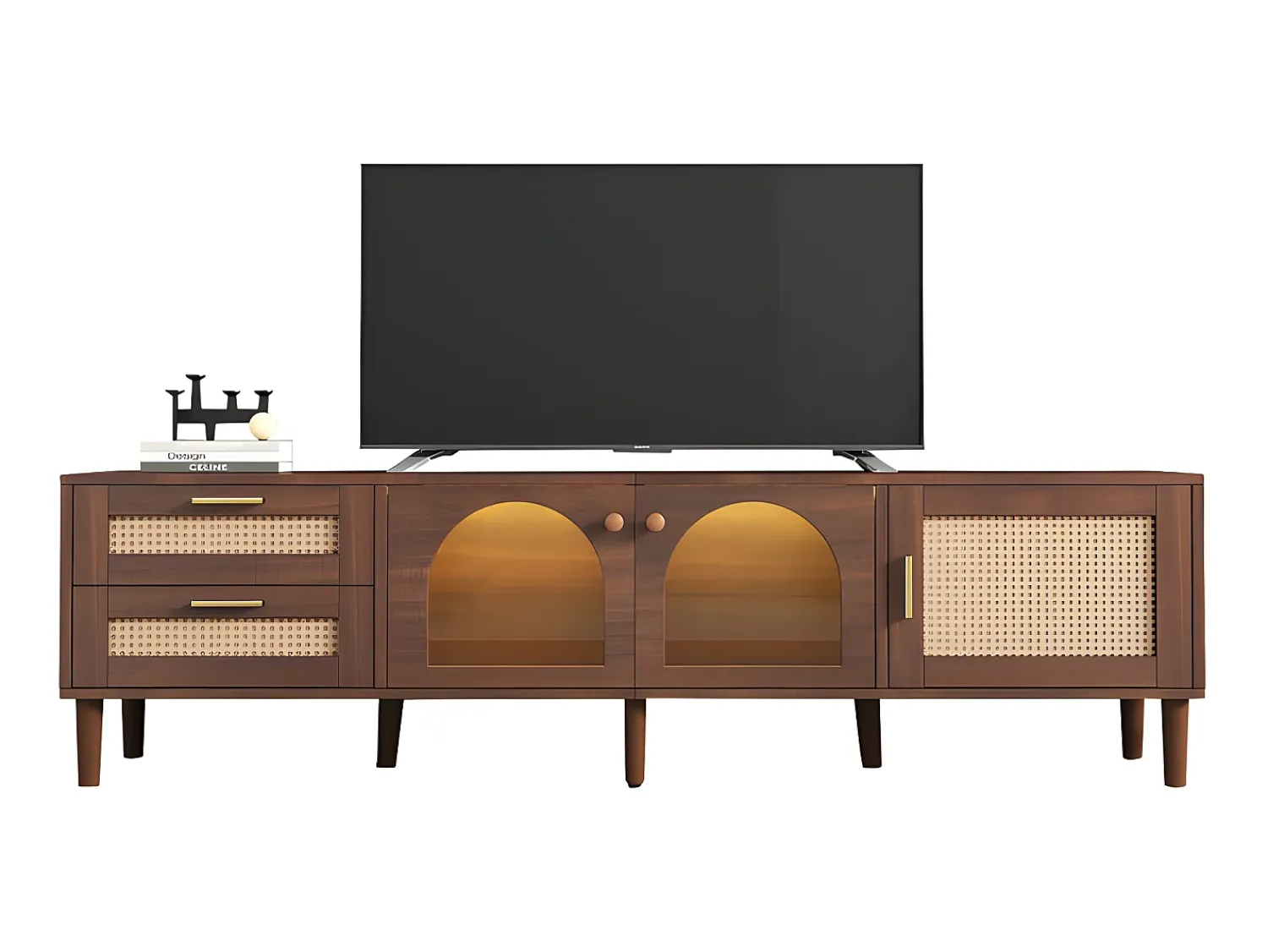 Online ModernLuxe Móvel de TV de 180 cm com iluminação LED - 2 gavetas em rattan e 3 portas - Castanho